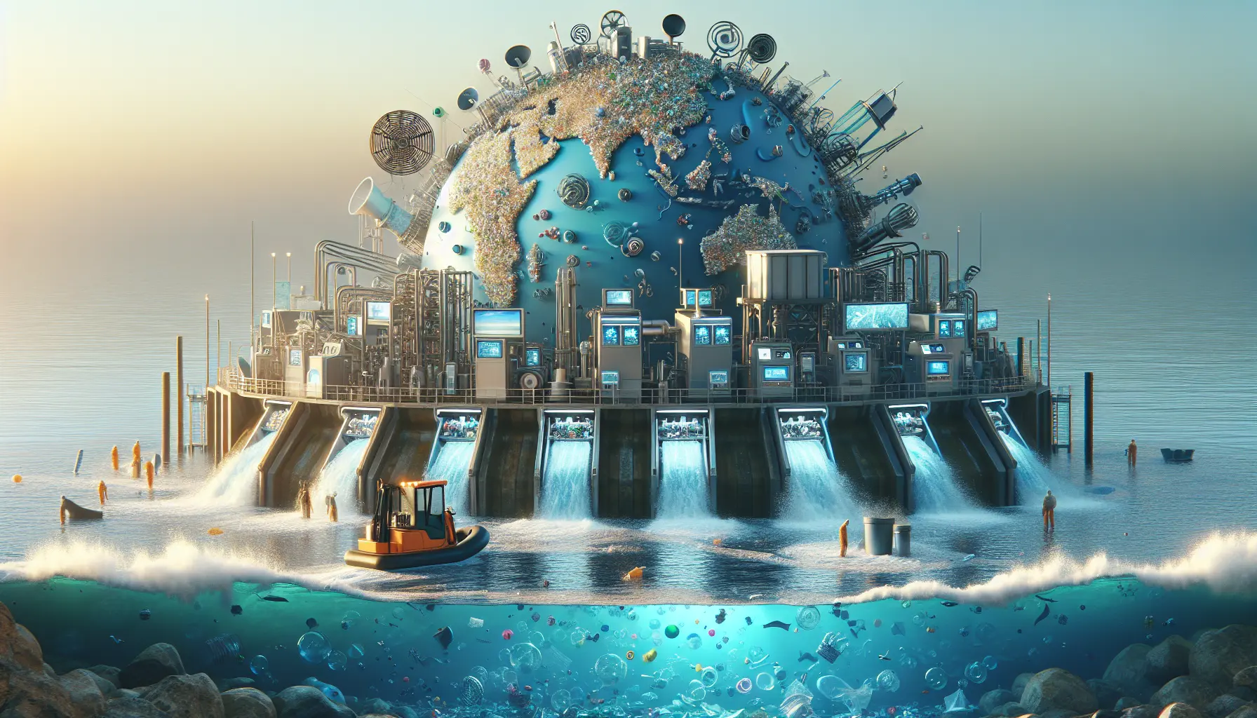 Dispositivi innovativi per la pulizia degli oceani in azione, mostrando la raccolta di plastica e rifiuti marini.