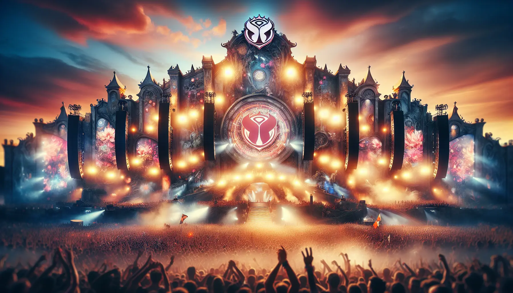 Scenografia spettacolare di Tomorrowland con luci e artisti sul palco