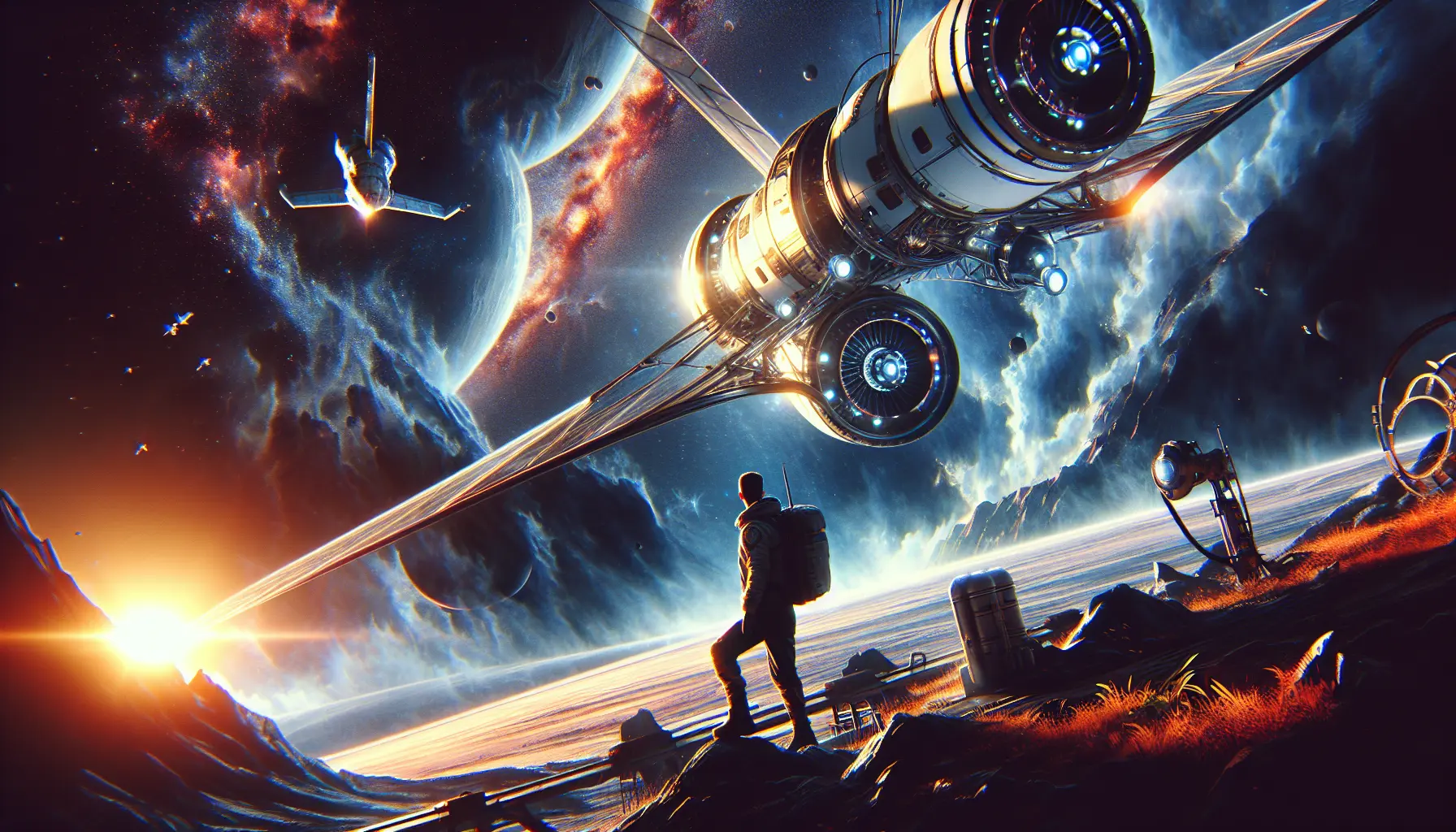 Un'illustrazione di una navetta spaziale in volo sopra la Terra, con astronavi e stelle sullo sfondo, simboleggiando il turismo spaziale.