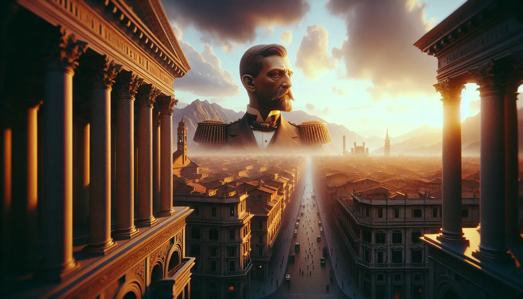 Ritratto di Umberto I di Savoia con elementi storici e culturali dell'epoca.