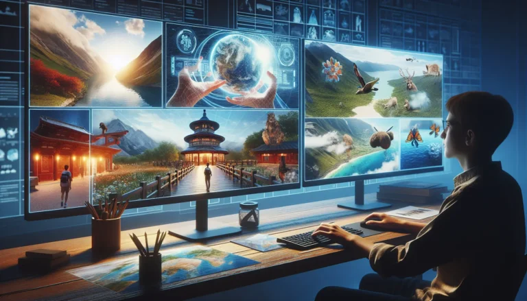 Un giovane esploratore seduto sul divano con un visore VR, immerso in un viaggio virtuale attraverso paesaggi esotici e città storiche.