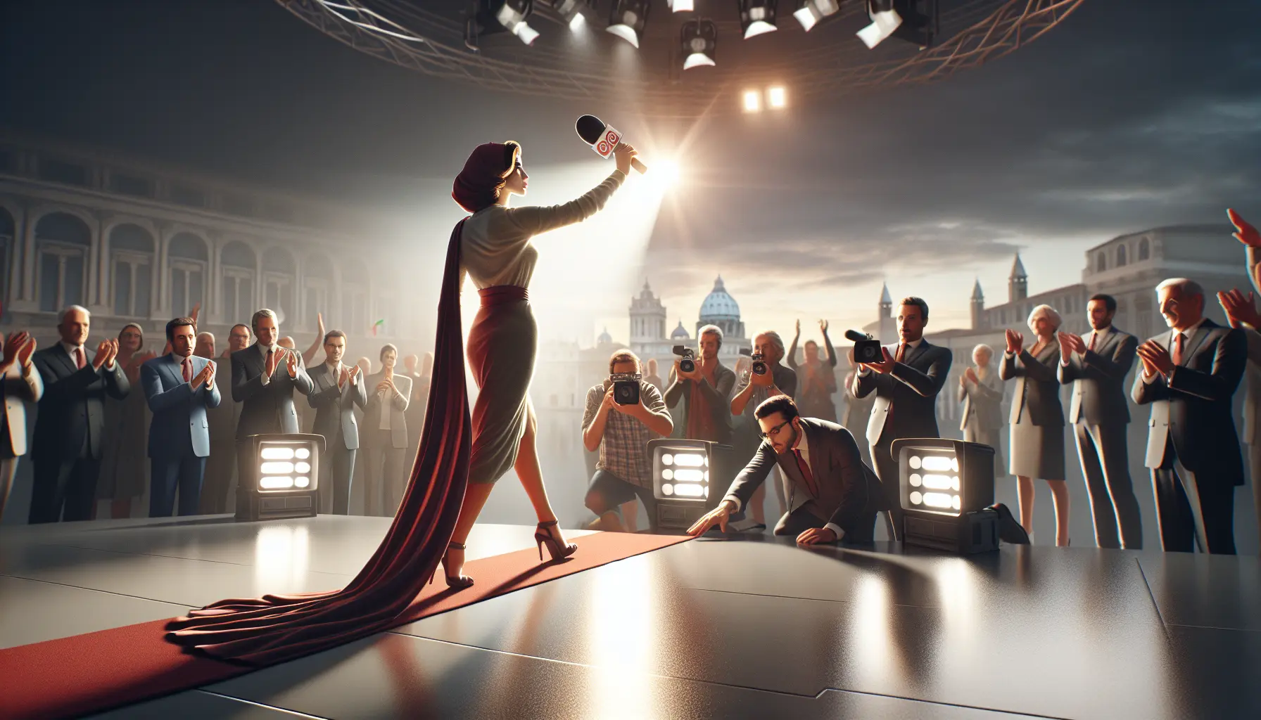 Victoria Cabello in un momento di conduzione televisiva, con un sorriso contagioso e uno stile inconfondibile.