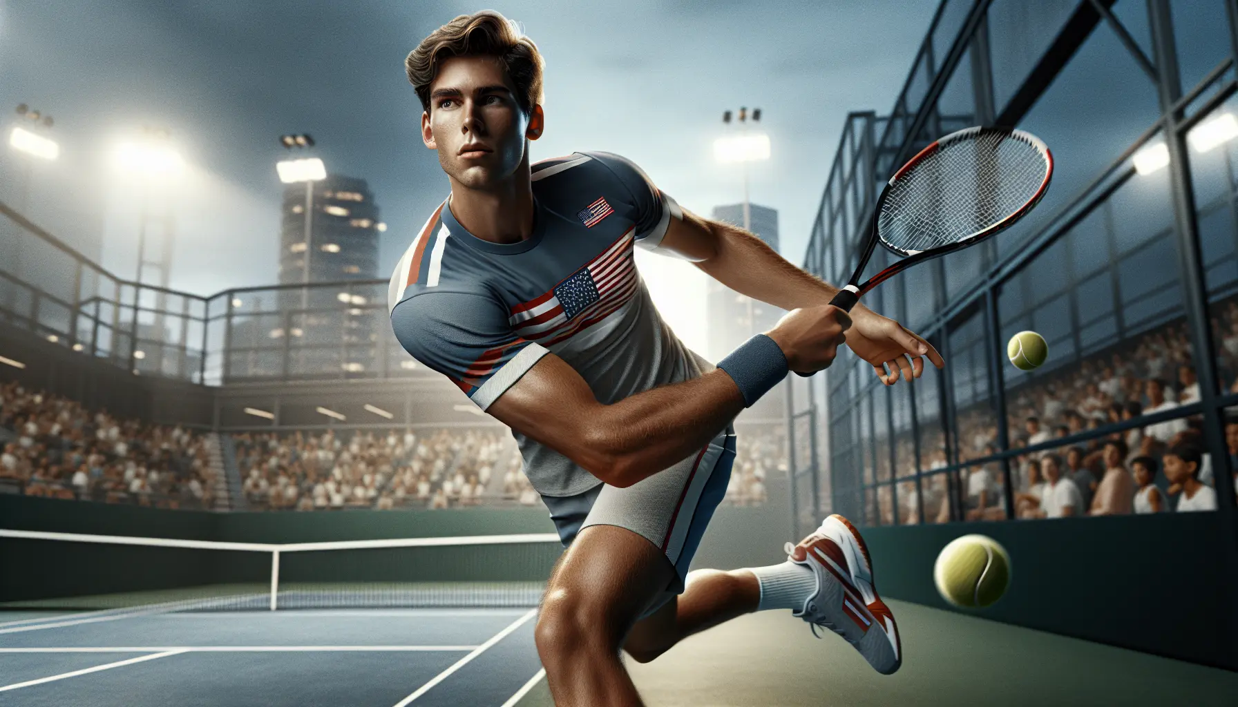 Ben Shelton in azione durante un torneo di tennis, con espressione determinata e racchetta in mano.