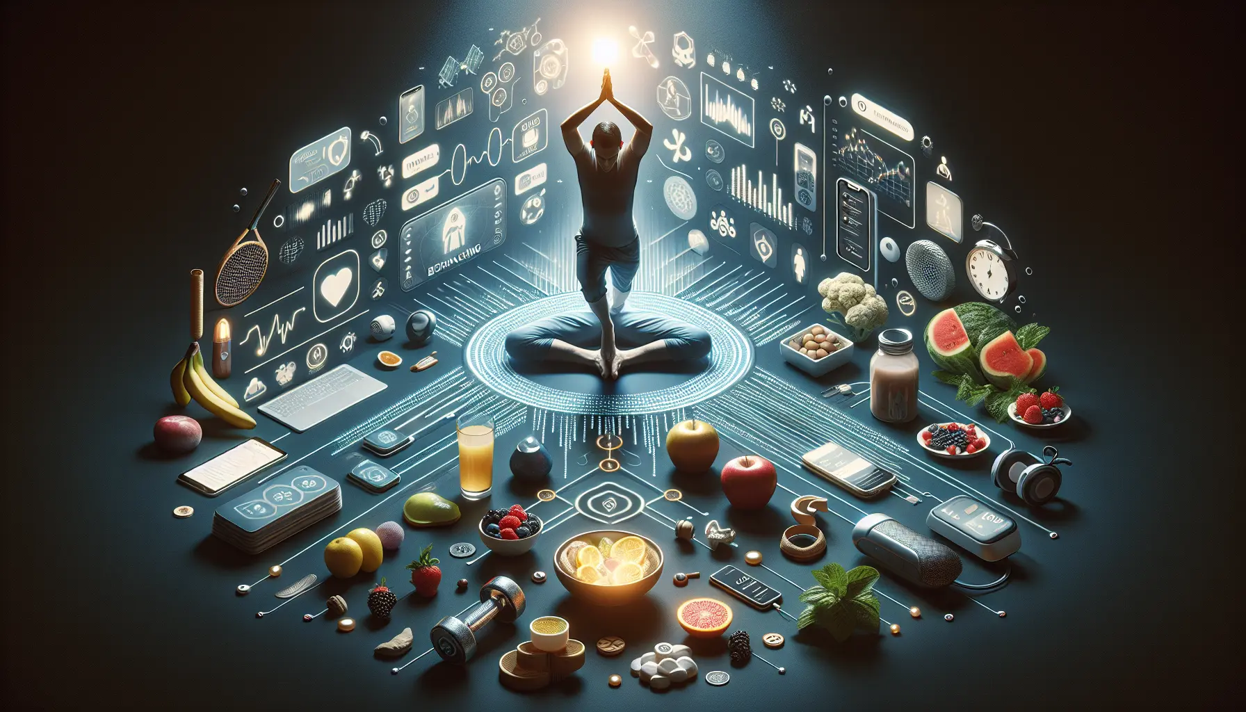 Un'immagine che rappresenta il concetto di biohacking, con dispositivi tecnologici e elementi naturali che simboleggiano il miglioramento del corpo e della mente.