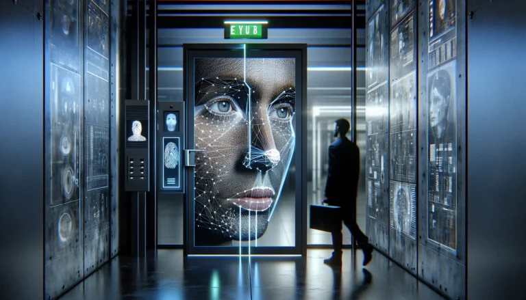 Un'immagine che rappresenta la biometria e la sicurezza digitale, con un focus su impronte digitali e riconoscimento facciale.