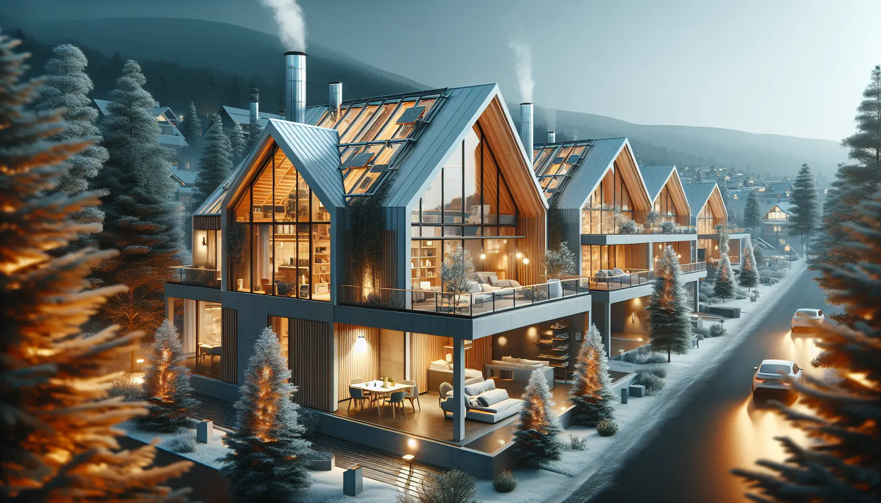 Una casa passiva circondata da natura, con ampie finestre e pannelli solari sul tetto, simbolo di sostenibilità e comfort.