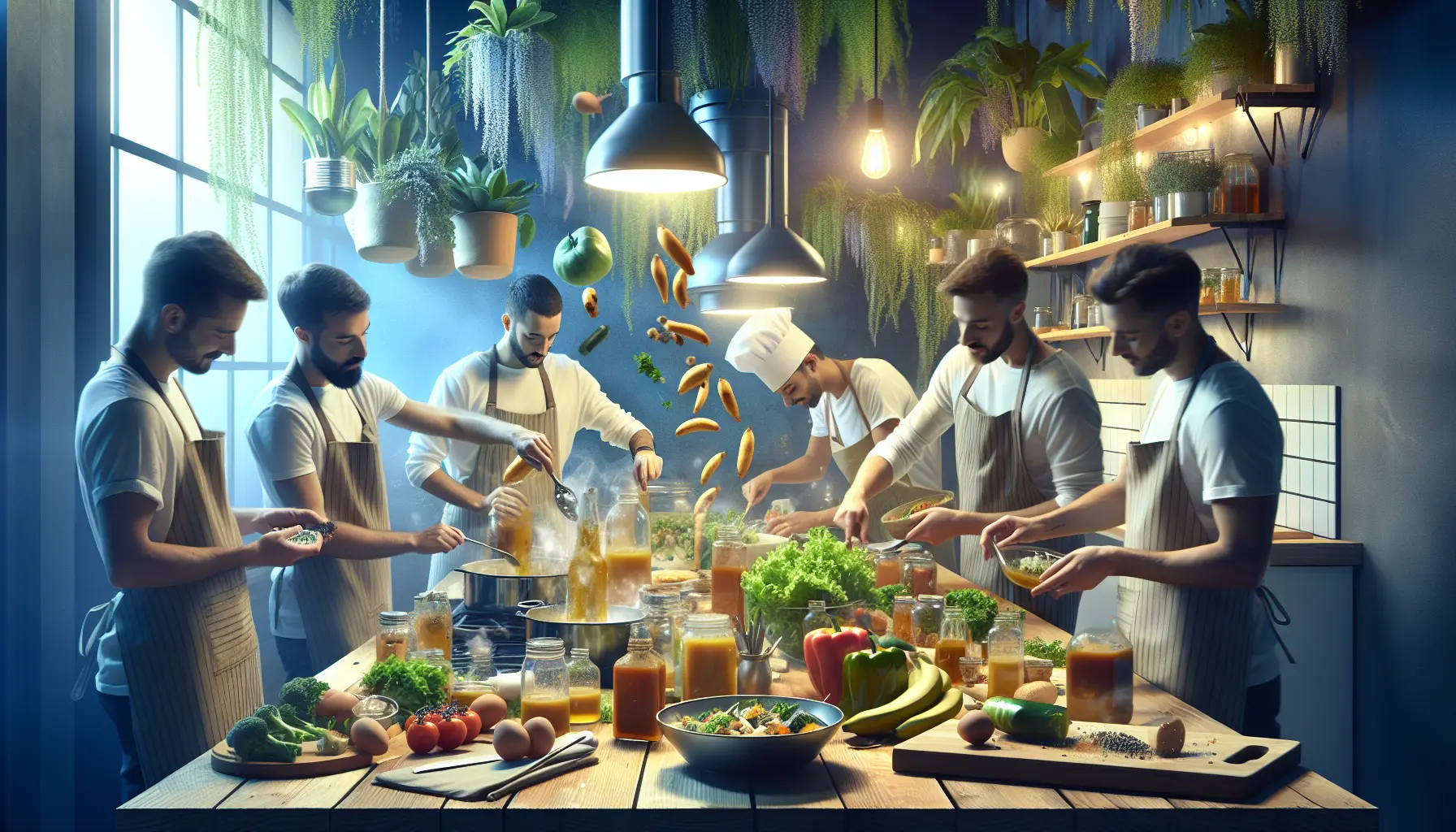 Ingredienti freschi e colorati disposti su un piano di lavoro in una cucina illuminata dal sole