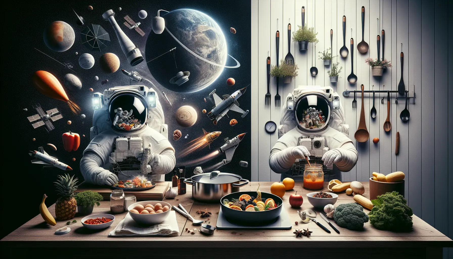 Astronauta che mangia cibo spaziale in un ambiente di microgravità