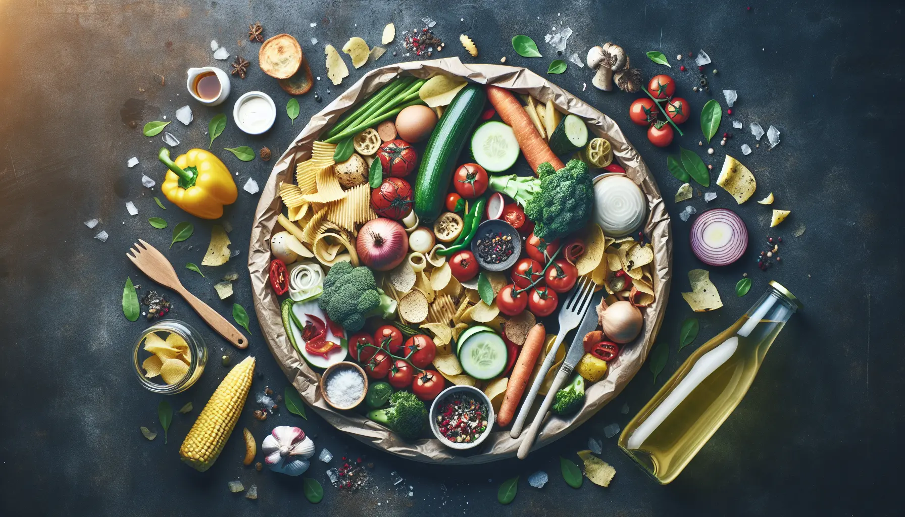 Piatto creativo preparato con avanzi di cibo, rappresentante la cucina zero sprechi.