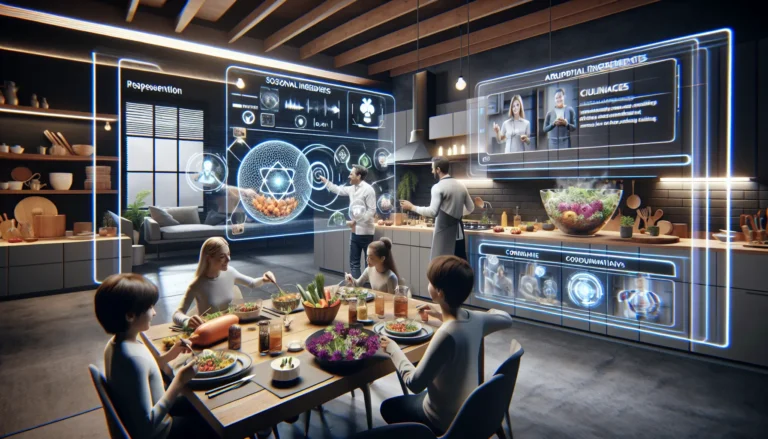 Un'immagine rappresentativa di un'esperienza culinaria virtuale nel metaverso, con persone che cucinano insieme in un ambiente digitale.