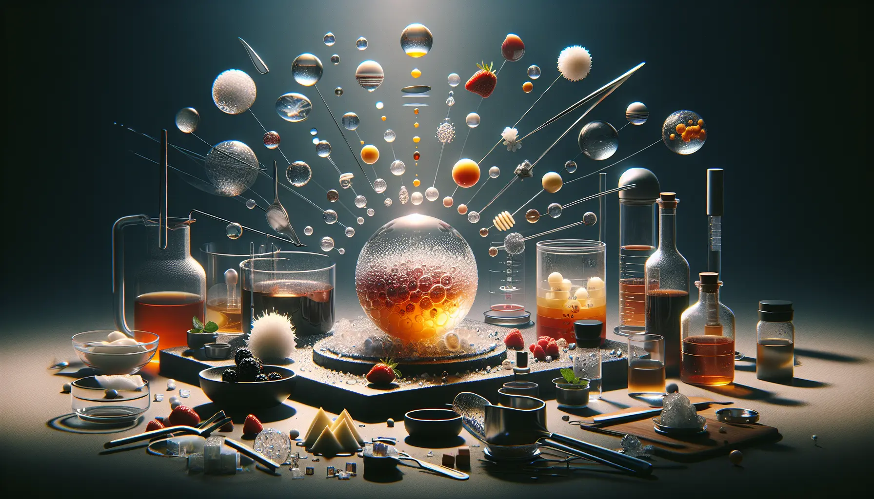 Un piatto di cucina molecolare con sfere di succo di frutta e gelatina colorata