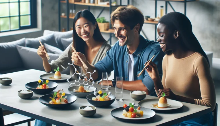 Un piatto di cucina molecolare con sferificazioni e schiume colorate, presentato in modo creativo.