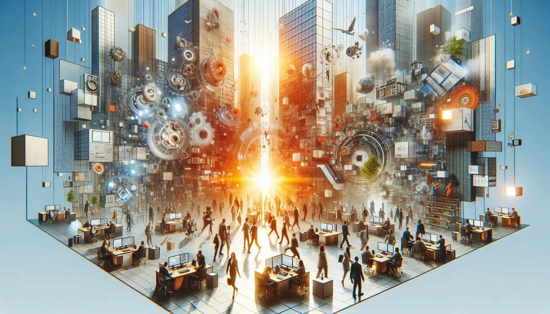 Un gruppo di persone che lavorano in un ambiente di coworking moderno e luminoso, rappresentando il concetto di lavoro flessibile e collaborazione.