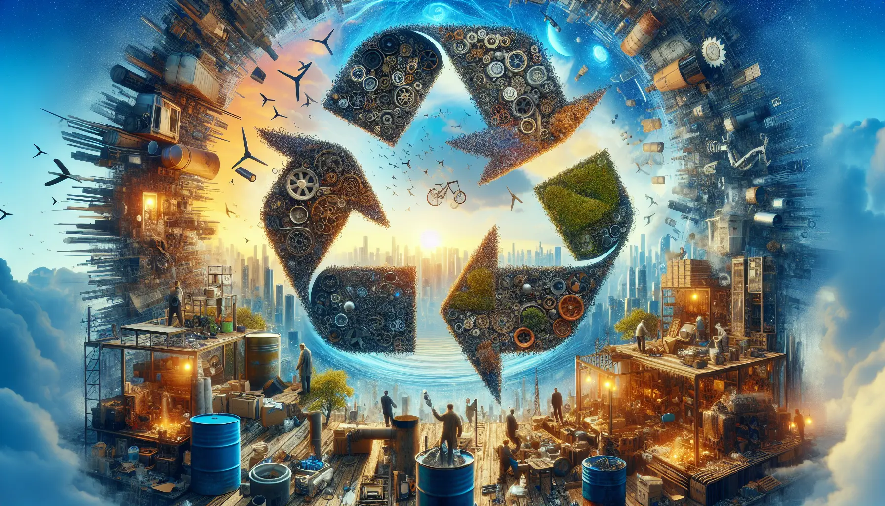 Un'immagine che rappresenta il concetto di economia circolare, mostrando il ciclo di vita dei prodotti e l'uso di energie rinnovabili.