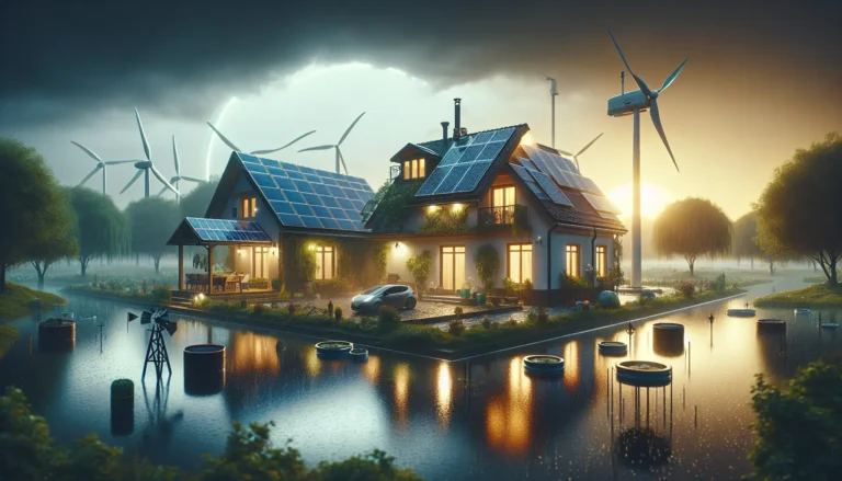 Una casa con pannelli solari e turbine eoliche, simbolo di sostenibilità e autosufficienza energetica.