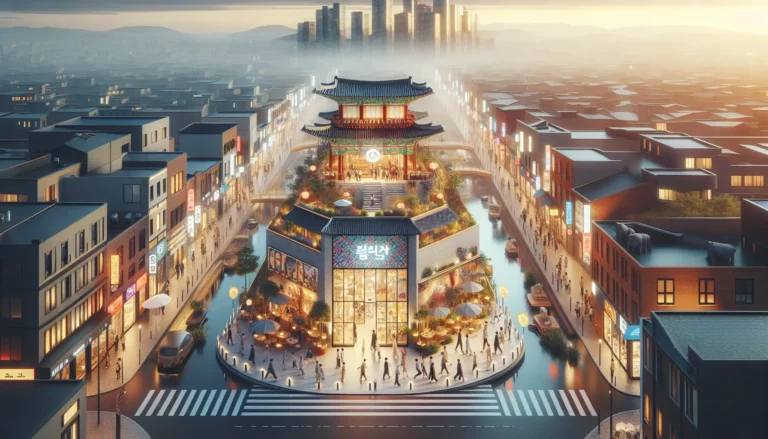 Interno di Casa Korea a Milano, con opere d'arte coreane e spazi per eventi culturali.