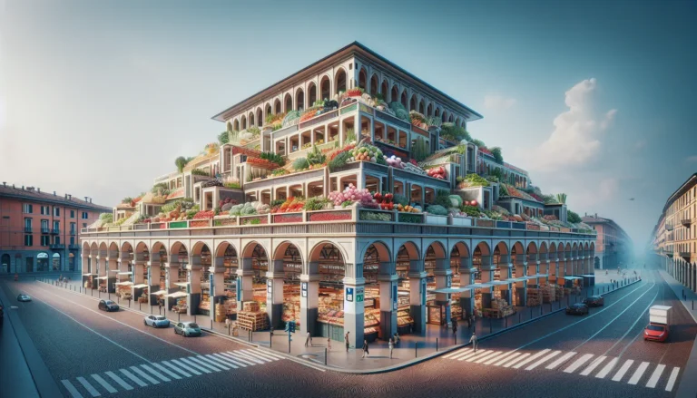 Interno del Mercato Centrale di Milano con banchi di cibo fresco e visitatori che degustano specialità culinarie.