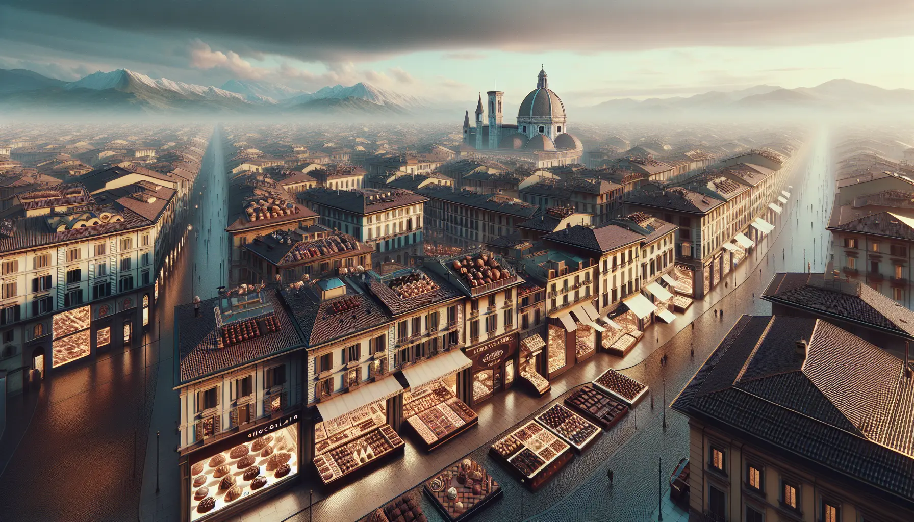 Un assortimento di cioccolatini artigianali tipici di Torino, con sfondi storici della città.