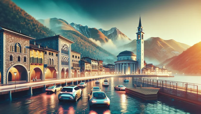 Panorama della Motorvalley italiana con auto da corsa in pista e paesaggio rurale sullo sfondo.