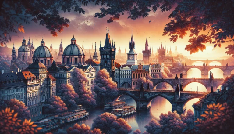 Vista panoramica di Praga con il Castello e il Ponte Carlo illuminati al tramonto.