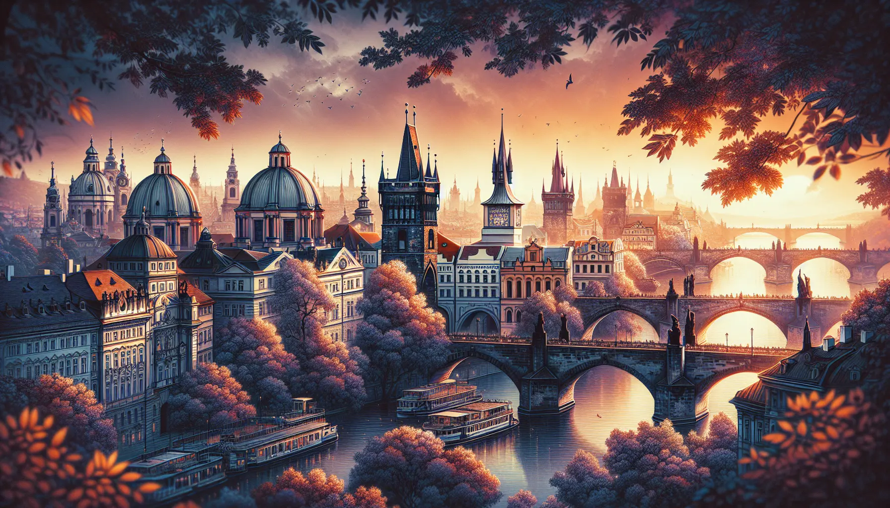 Vista panoramica di Praga con il Castello e il Ponte Carlo illuminati al tramonto.