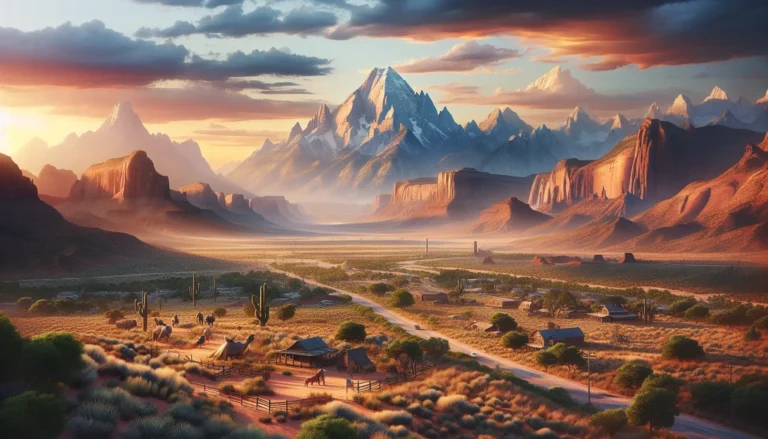 Panorama che rappresenta la varietà geografica degli Stati Uniti, con montagne, deserti e foreste.