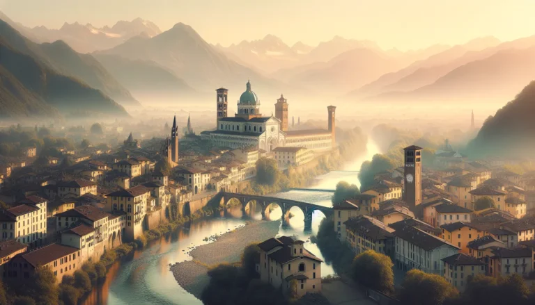 Panorama di Pavia con il fiume Ticino e il Castello Visconteo sullo sfondo, rappresentante la ricca storia e cultura della città.
