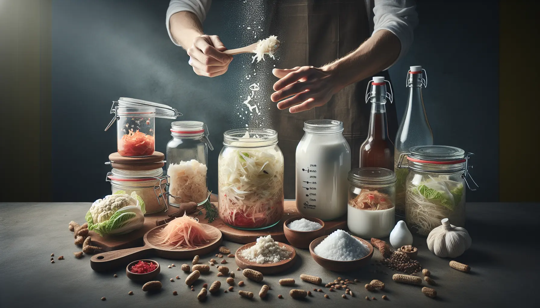 Barattoli di vetro con verdure fermentate e ingredienti freschi per la fermentazione casalinga.