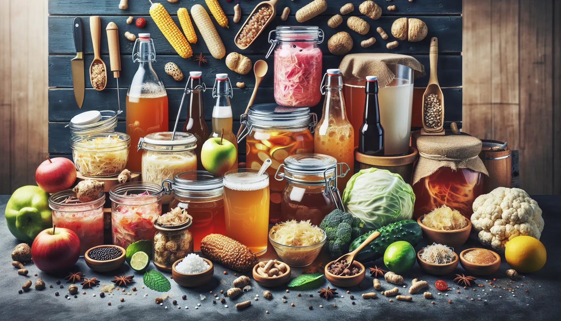 Un barattolo di crauti fermentati e una bottiglia di kombucha, simboli della fermentazione creativa in cucina.