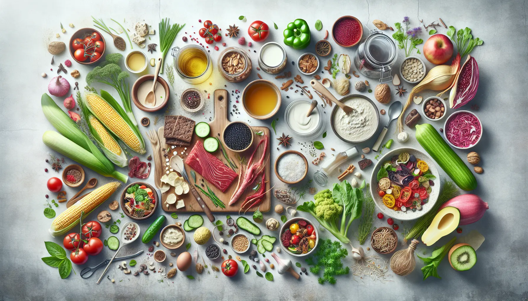 Ingredienti freschi e colorati pronti per la fermentazione, come cavolo, pesche e erbe aromatiche.