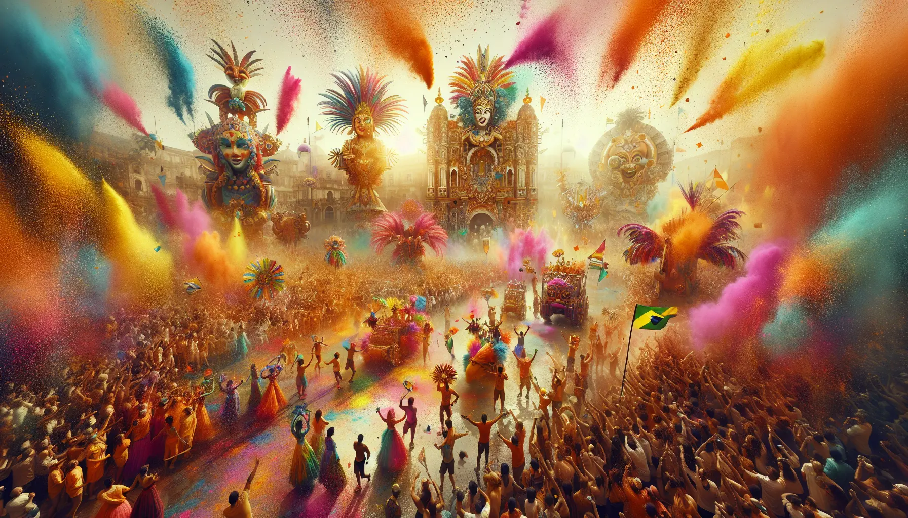 Un gruppo di persone che festeggiano la Holi, lanciando polveri colorate in un'atmosfera di gioia e unità.