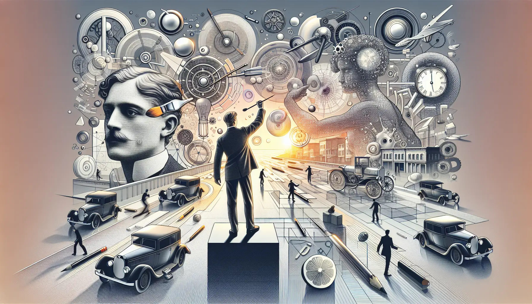 Ritratto di Filippo Tommaso Marinetti, fondatore del Futurismo, circondato da opere d'arte futuriste che rappresentano il dinamismo e la modernità.