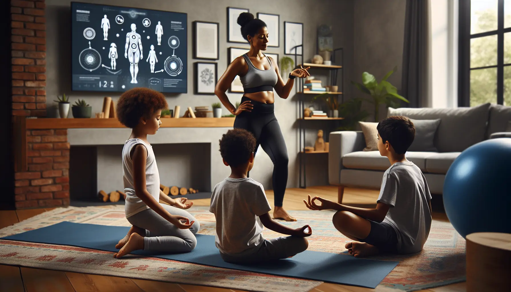 Una famiglia che si allena insieme in un ambiente sereno, praticando yoga e attività fisica all'aperto.