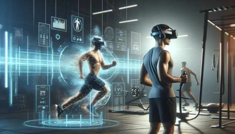 Un utente che si allena con un visore di realtà aumentata, immerso in un ambiente virtuale stimolante.