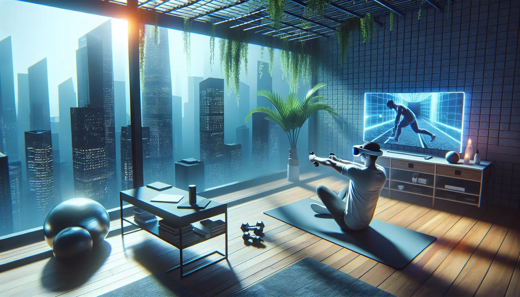 Un utente che pratica yoga in un ambiente virtuale immersivo, circondato da paesaggi naturali.