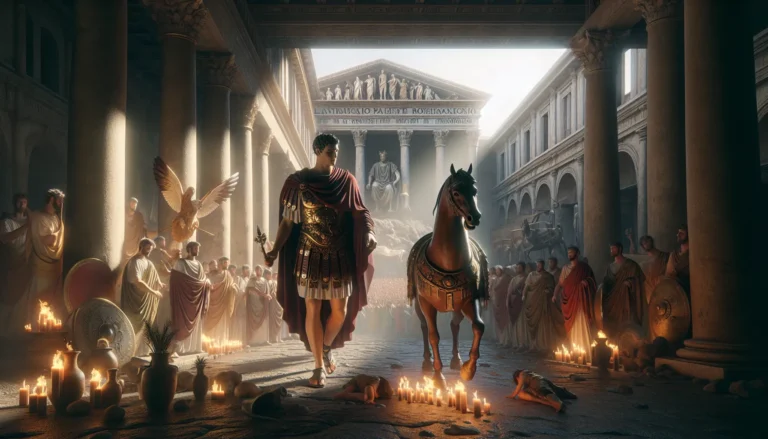 Rappresentazione artistica di Flavio Claudio Giuliano, l'ultimo imperatore romano pagano, in un contesto di riforma religiosa.