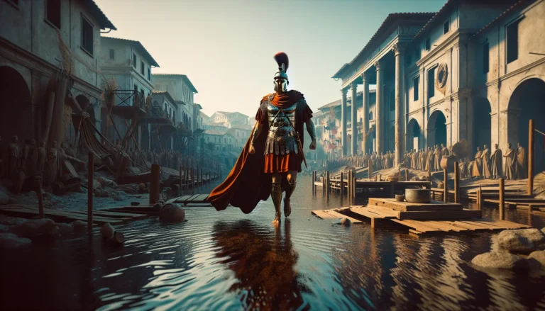 Rappresentazione storica di Flavio Costanzo in un contesto romano, con soldati e simboli imperiali.