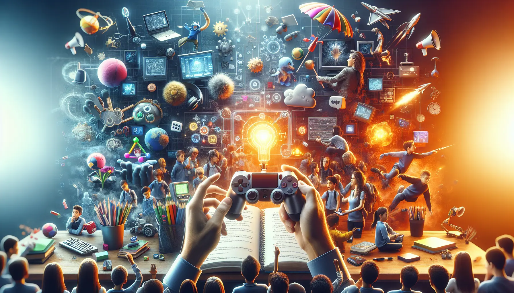 Un gruppo di studenti impegnati in un'attività di apprendimento ludico, utilizzando elementi di gioco per stimolare la loro curiosità e creatività.