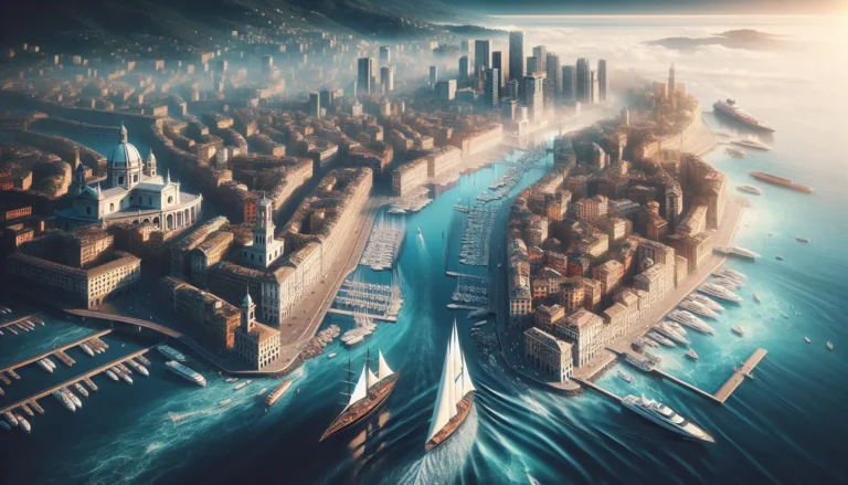 Panorama di Genova con il mare e le montagne sullo sfondo, evidenziando la bellezza della città ligure.