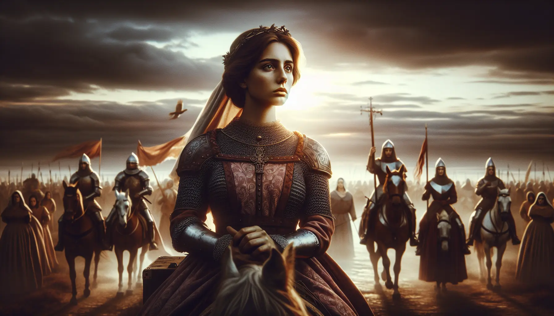 Rappresentazione artistica di Giovanna d'Arco in un momento di battaglia, simbolo di coraggio e determinazione.