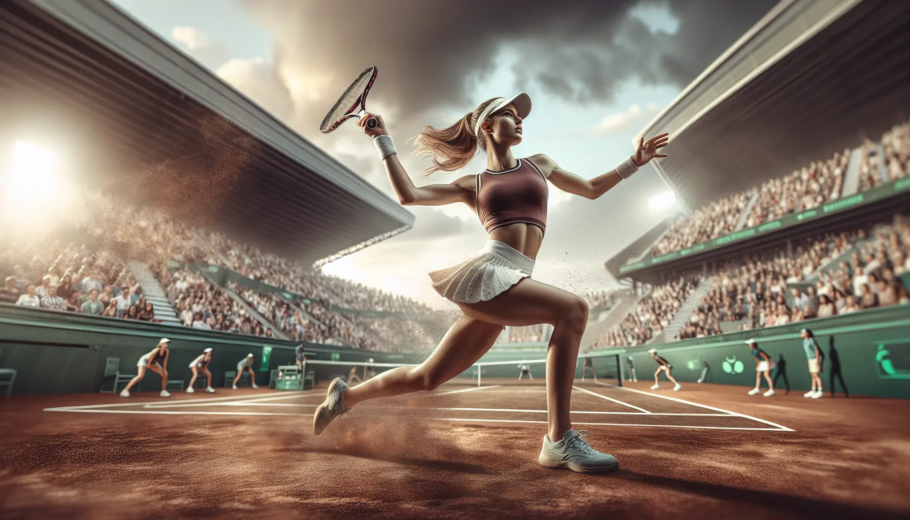 Iga Świątek in azione durante un torneo di tennis, con una racchetta in mano e un'espressione determinata.