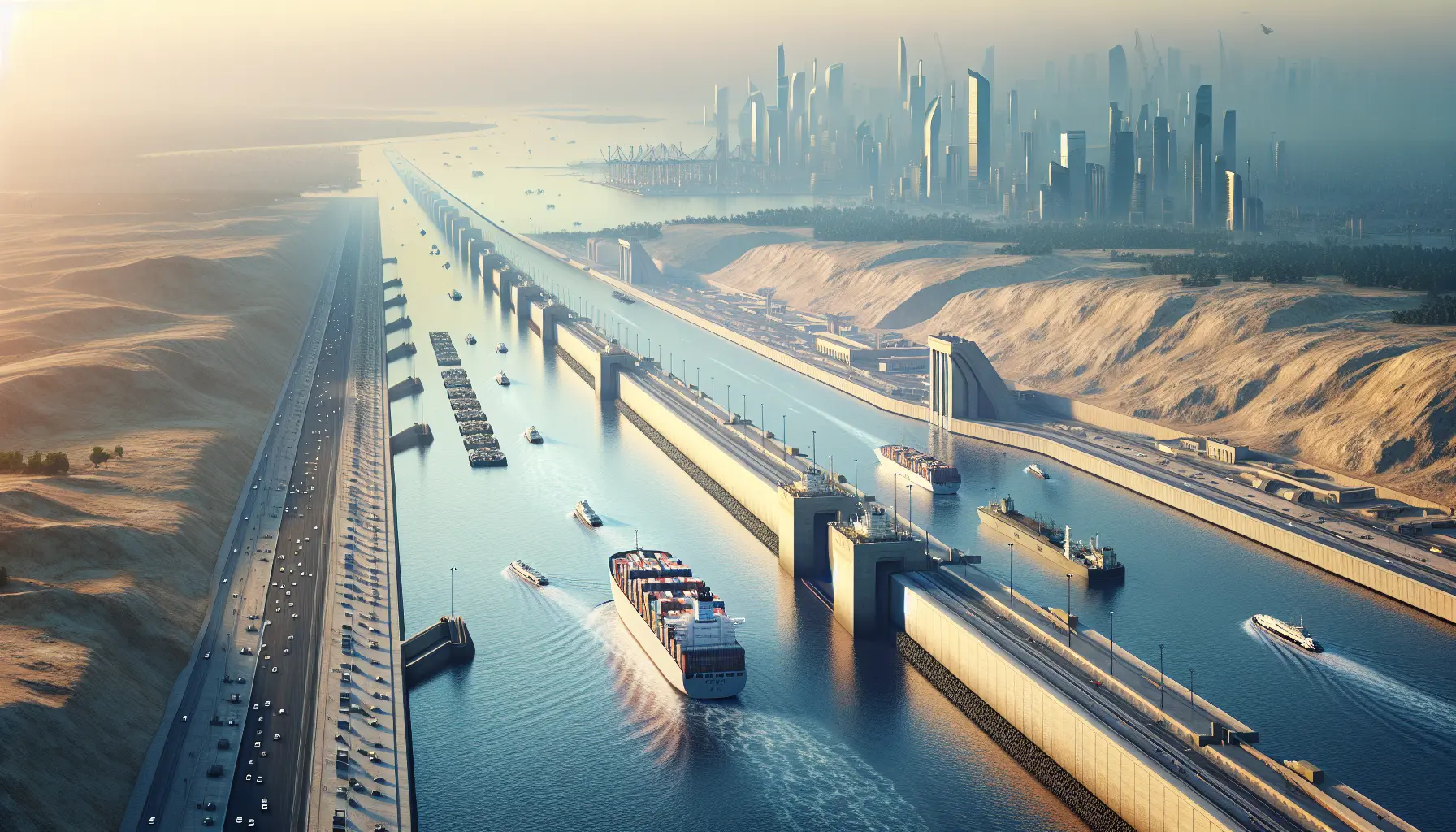 Vista panoramica del Canale di Suez con navi in transito e paesaggio desertico sullo sfondo