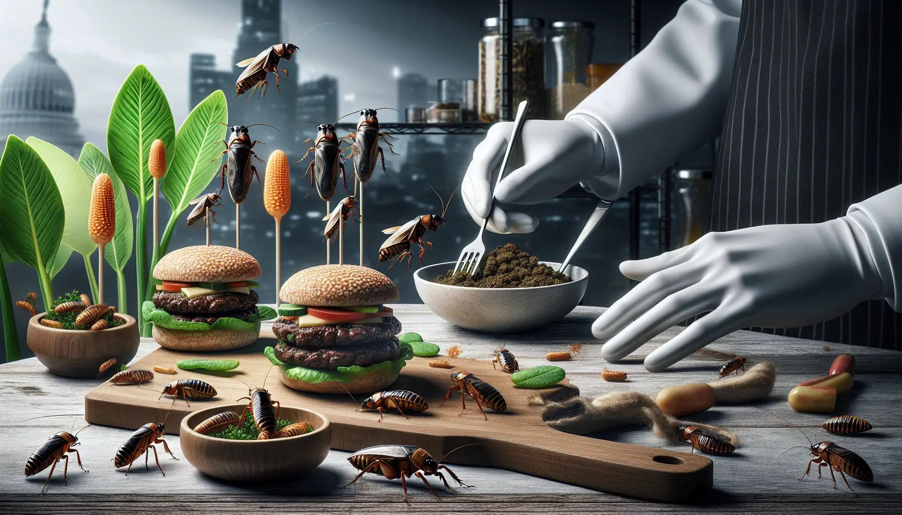 Una selezione di piatti preparati con insetti commestibili, tra cui burger e barrette energetiche, che evidenziano l'innovazione culinaria.