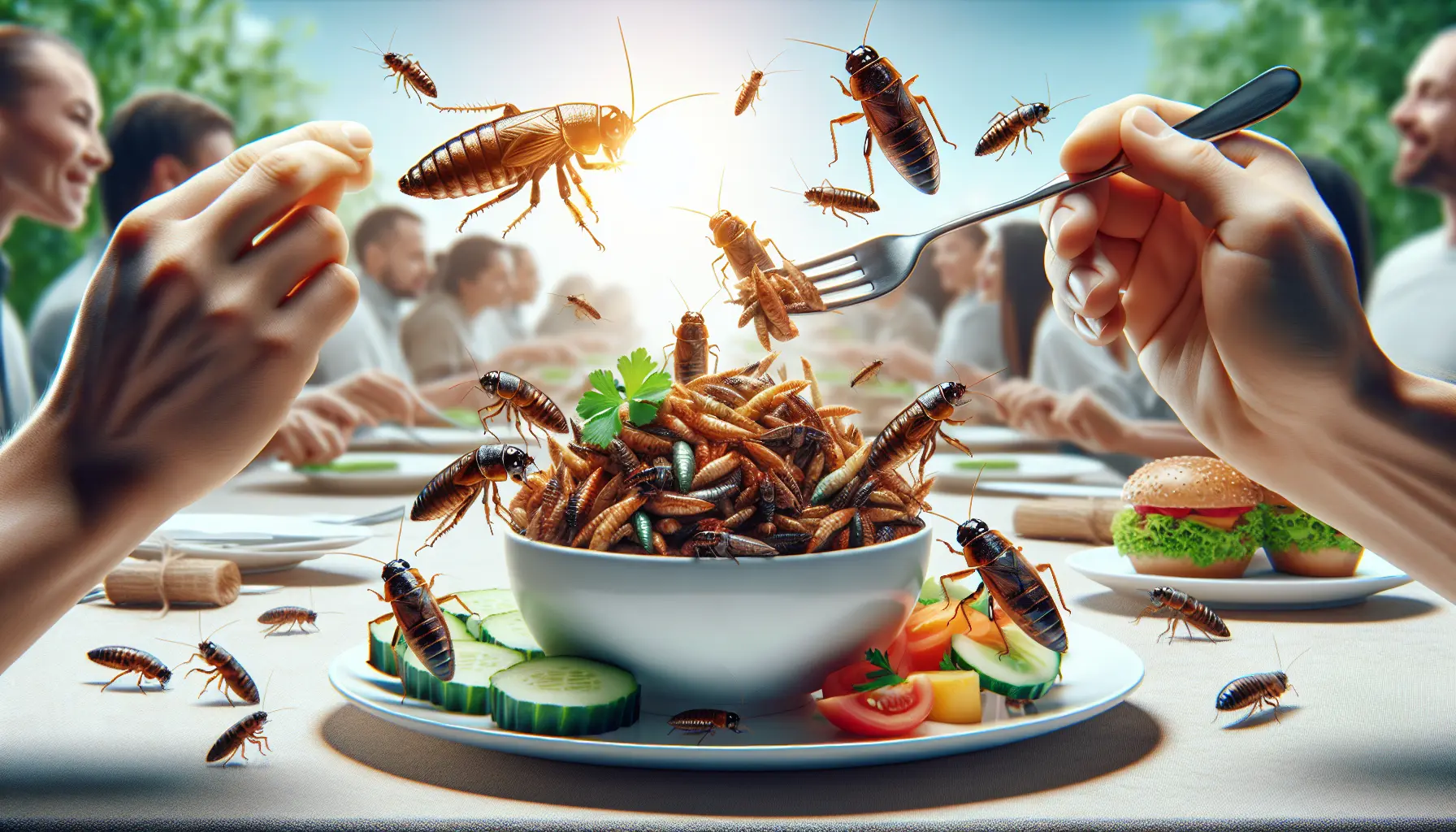 Un piatto gourmet che presenta insetti commestibili in modo creativo e attraente.