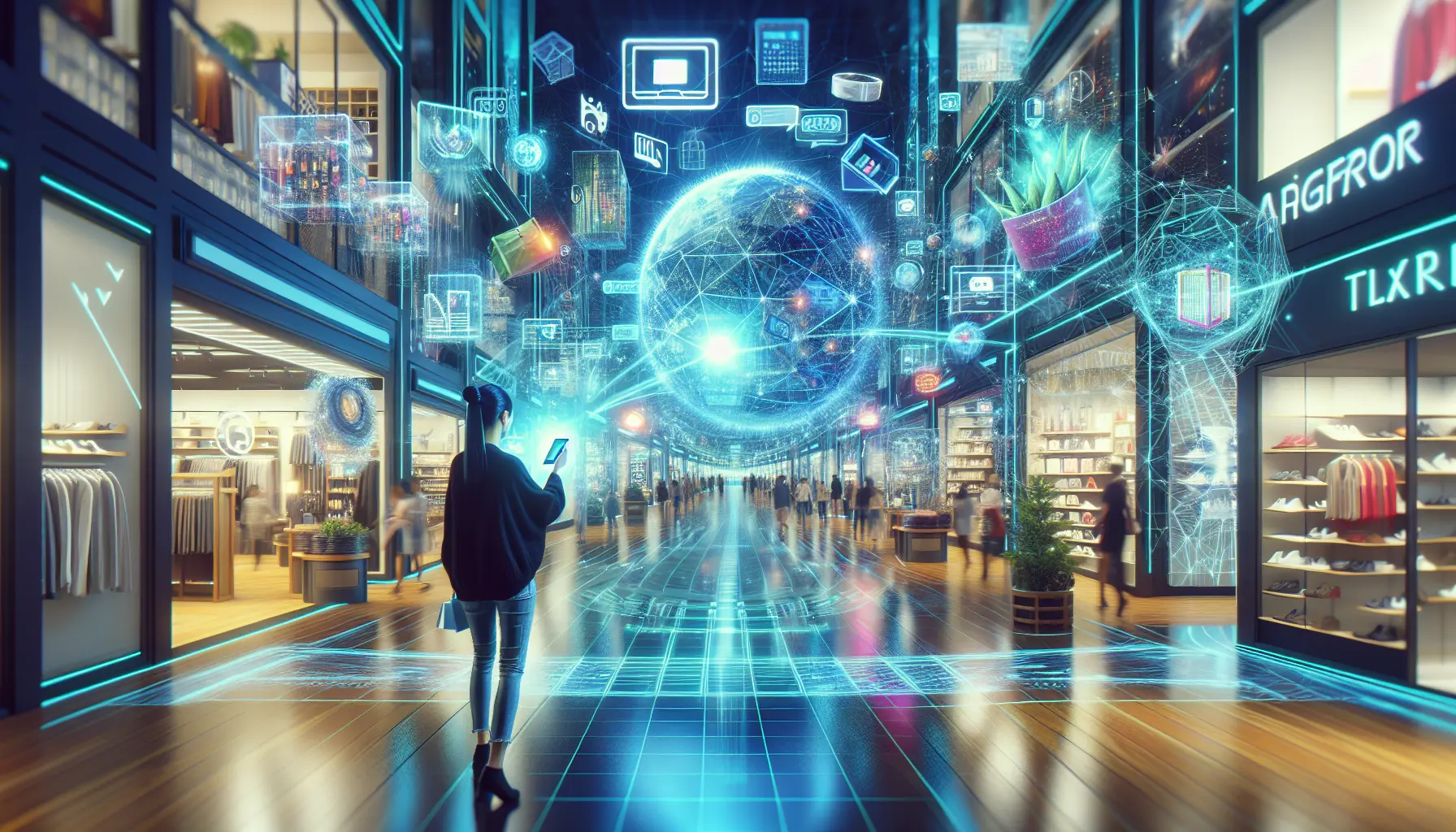 Un cliente utilizza la realtà aumentata in un negozio per visualizzare prodotti in modo innovativo.