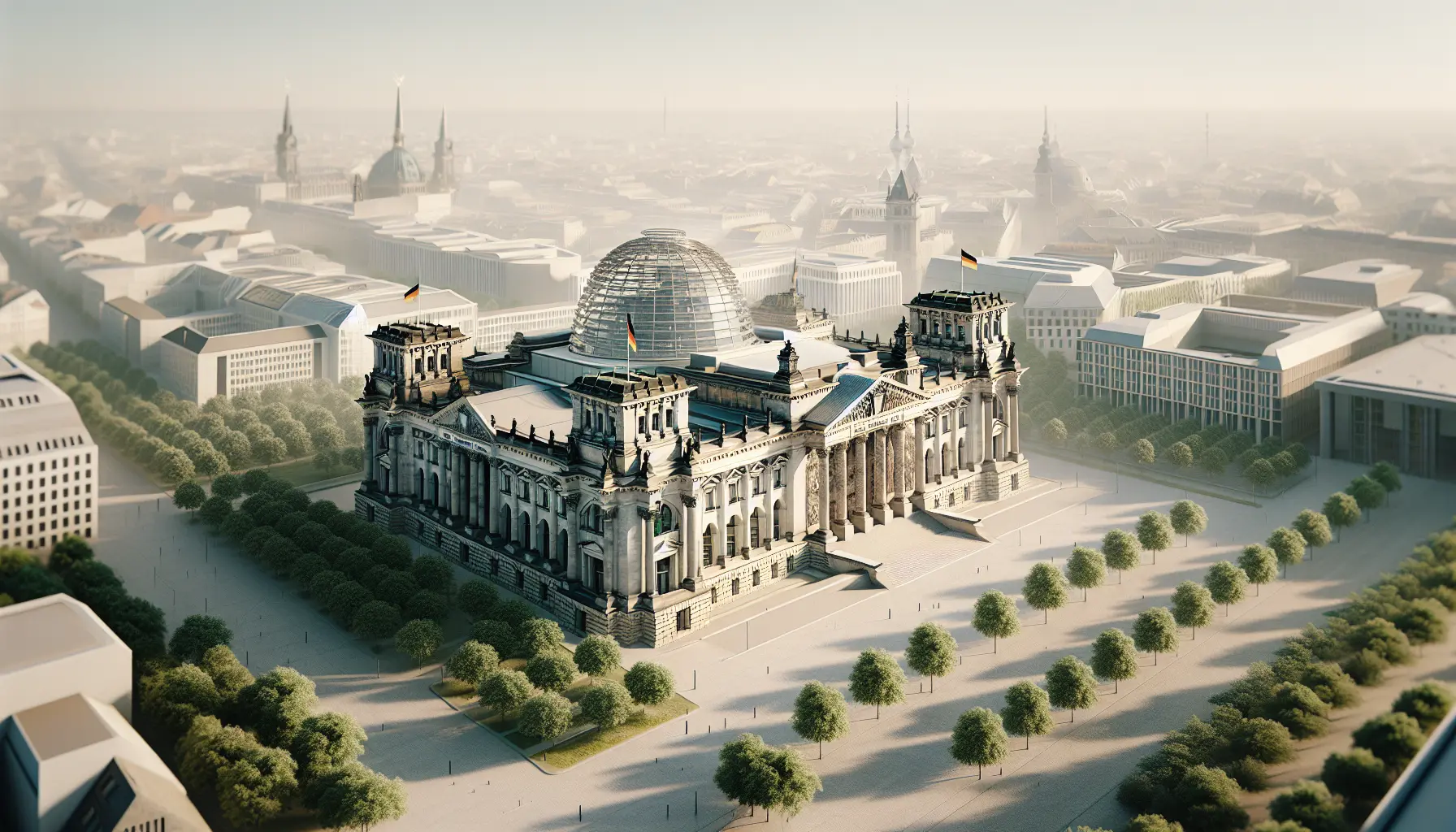 Vista panoramica del Palazzo del Reichstag a Berlino, con la sua cupola di vetro che riflette il cielo.