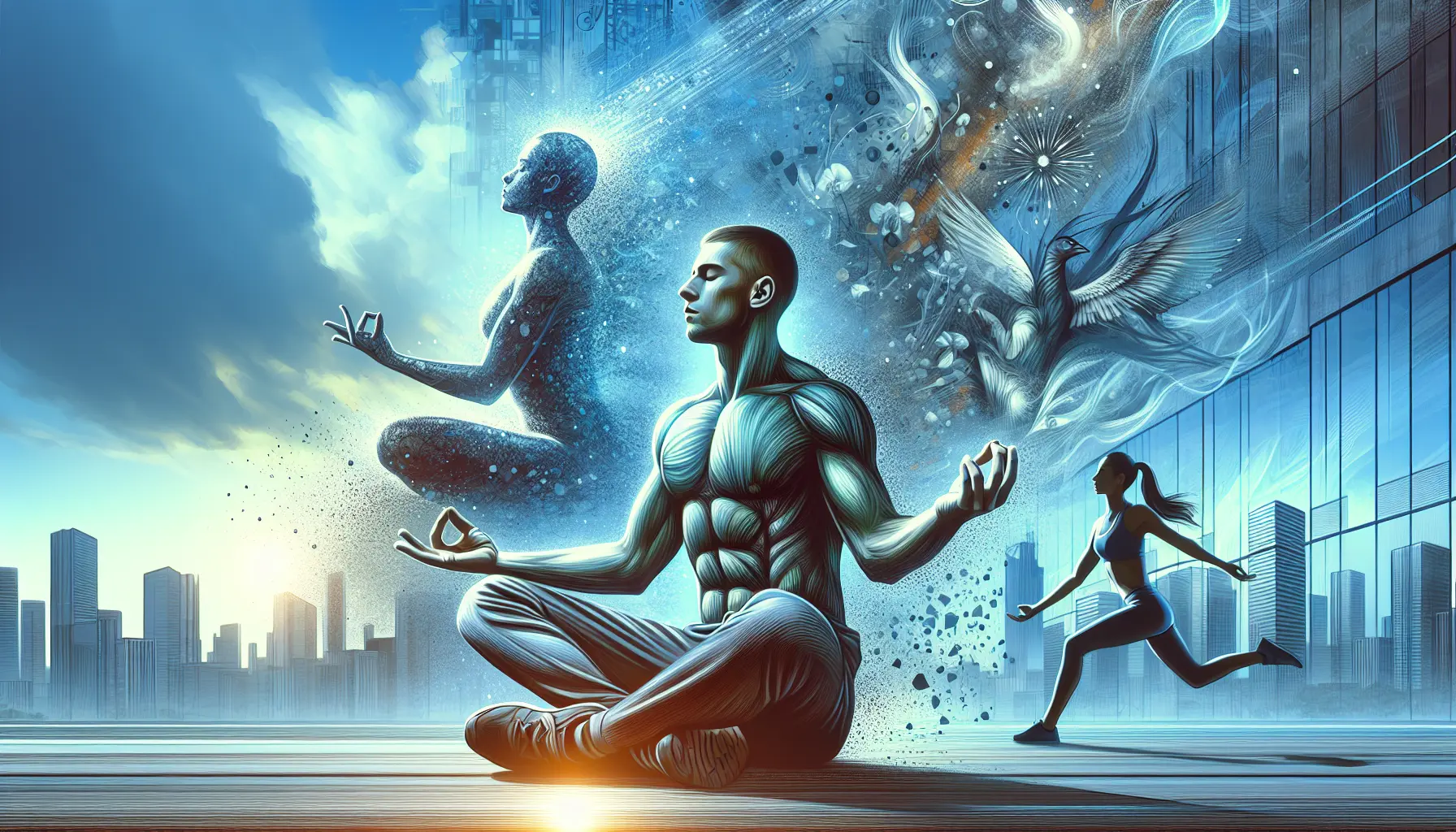 Un atleta che pratica tecniche di respirazione in un ambiente naturale, simboleggiando il potere del respiro per il benessere e la calma interiore.