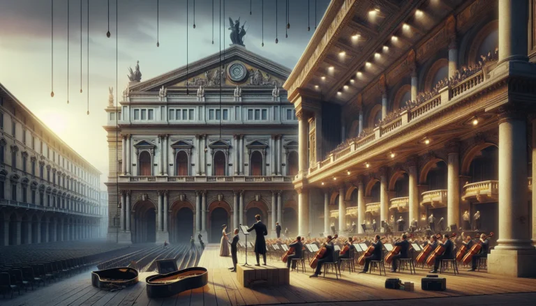 Vista del Teatro alla Scala di Milano, con la sua facciata neoclassica e l'atmosfera vibrante di un evento culturale.