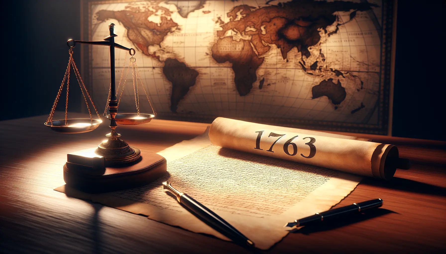 Rappresentazione artistica del Trattato di Parigi del 1763, con mappe e simboli delle potenze coinvolte.