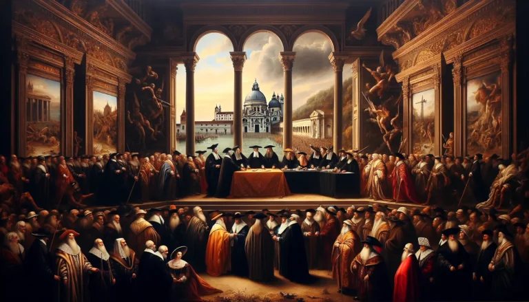 Rappresentazione artistica del Trattato di Tolentino, con Napoleone e il Papa in un contesto storico.